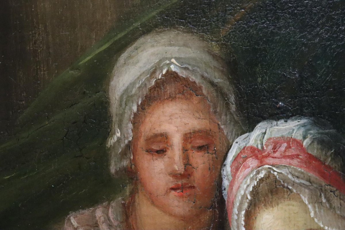 Scène dans le lit d'enfant Peinture à l'huile sur panneau de bois signée fin du XVIIIe siècle-photo-3