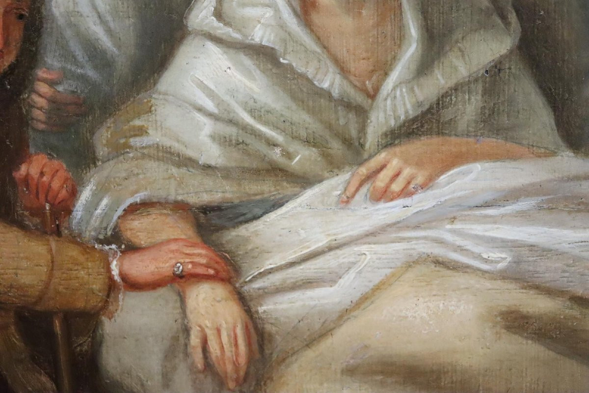 Scène dans le lit d'enfant Peinture à l'huile sur panneau de bois signée fin du XVIIIe siècle-photo-4