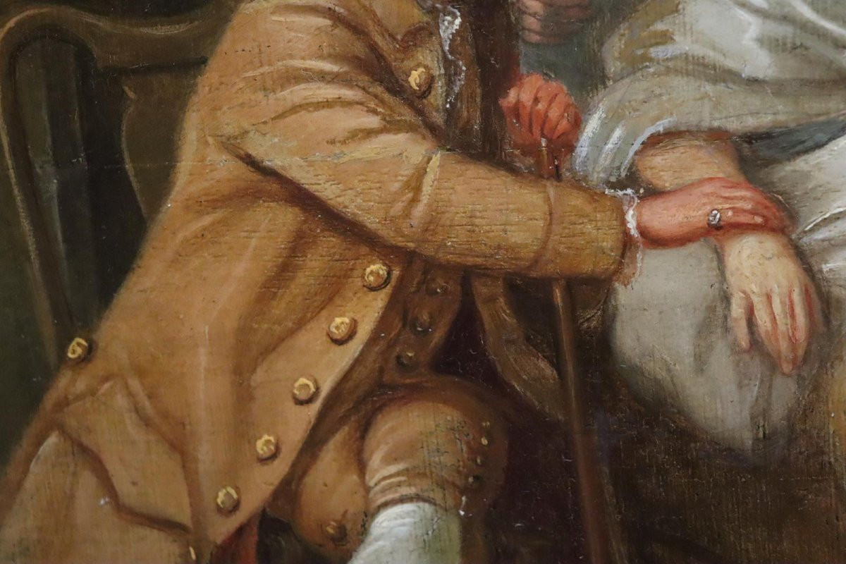 Scène dans le lit d'enfant Peinture à l'huile sur panneau de bois signée fin du XVIIIe siècle-photo-5
