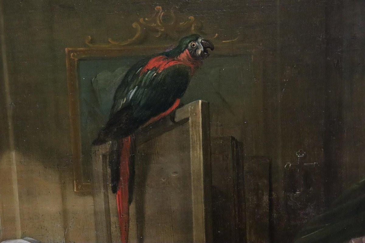 Scène dans le lit d'enfant Peinture à l'huile sur panneau de bois signée fin du XVIIIe siècle-photo-8