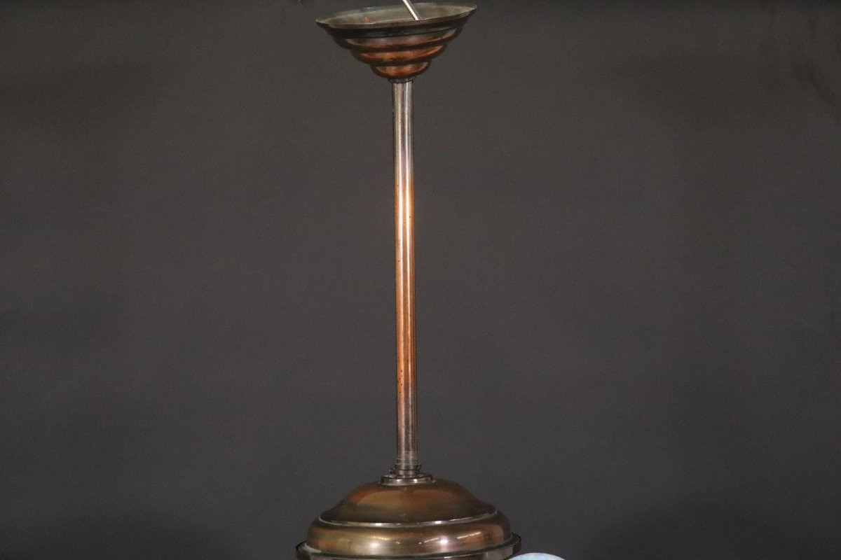 Art Deco Chandelier In Milky Opalescent Glass And Copper Ezan France Circa 1930-photo-1