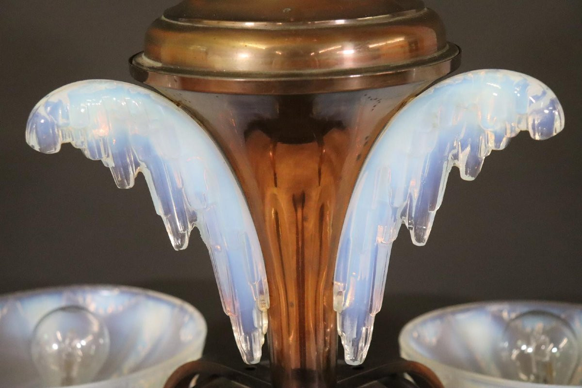 Art Deco Chandelier In Milky Opalescent Glass And Copper Ezan France Circa 1930-photo-5