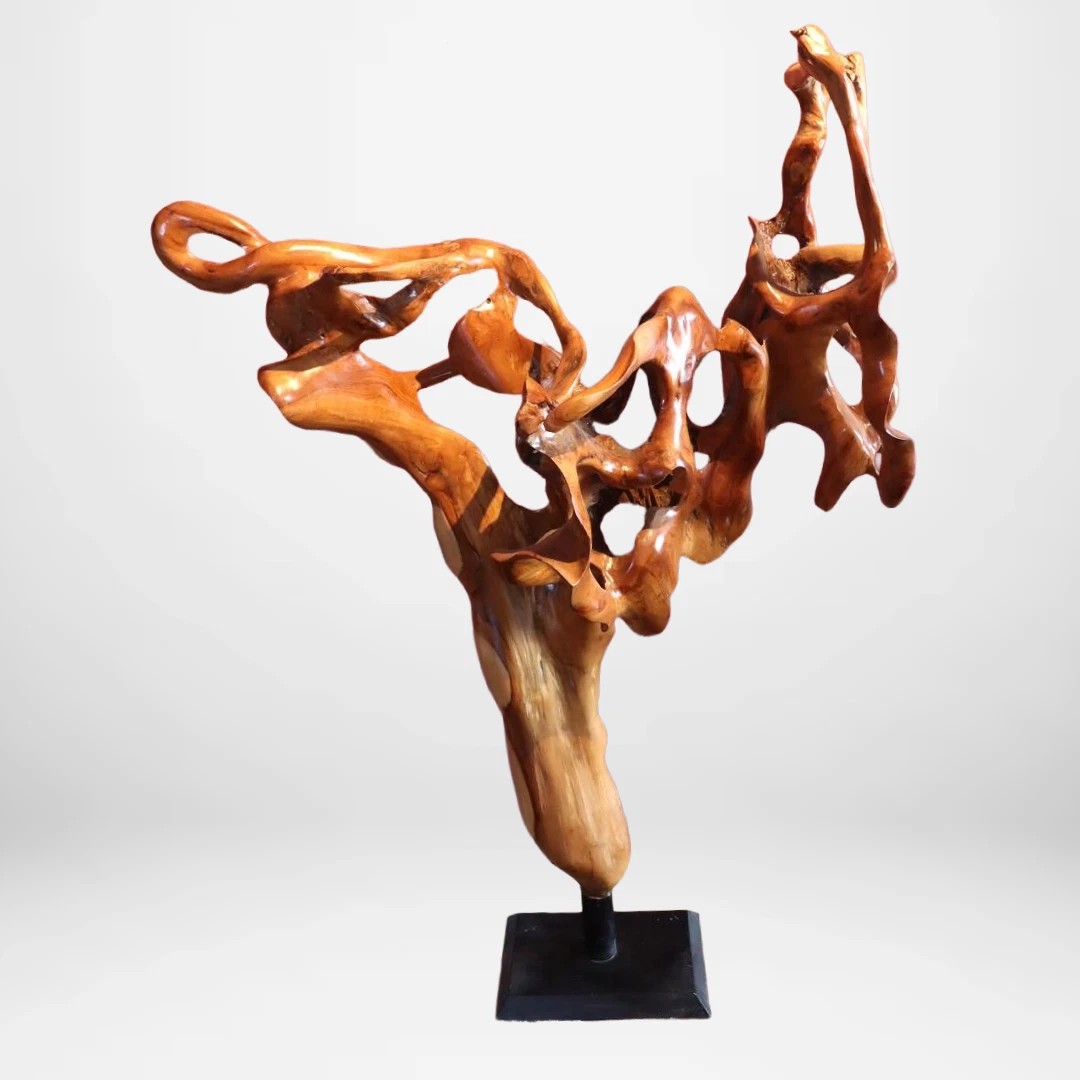 Sculpture design de 153 cm en racine de teck avec socle