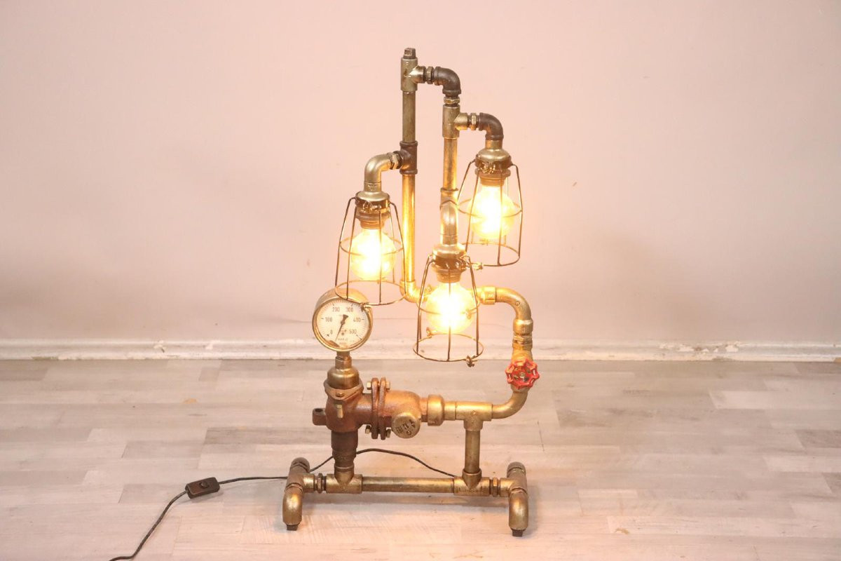 Lampadaire design de 82 cm, fabriqué à partir de tuyaux recyclés, style industriel, 3 lumières-photo-3