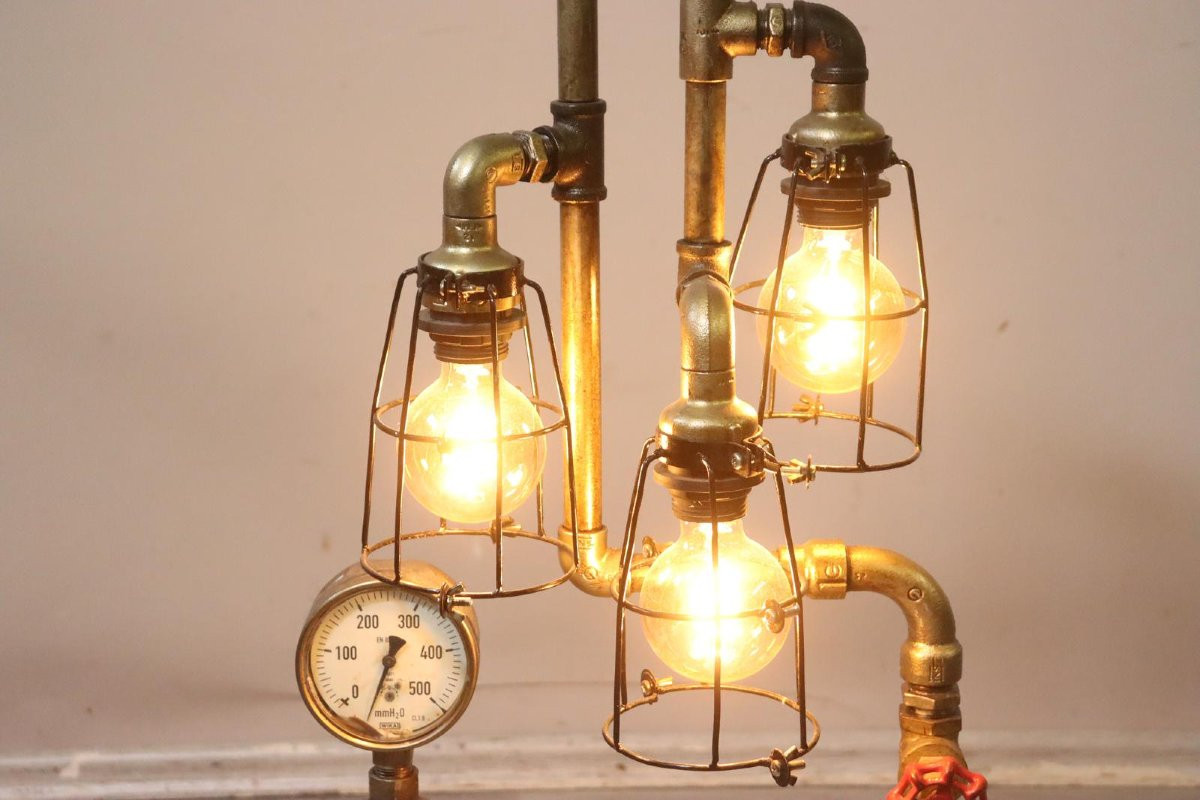 Lampadaire design de 82 cm, fabriqué à partir de tuyaux recyclés, style industriel, 3 lumières-photo-8