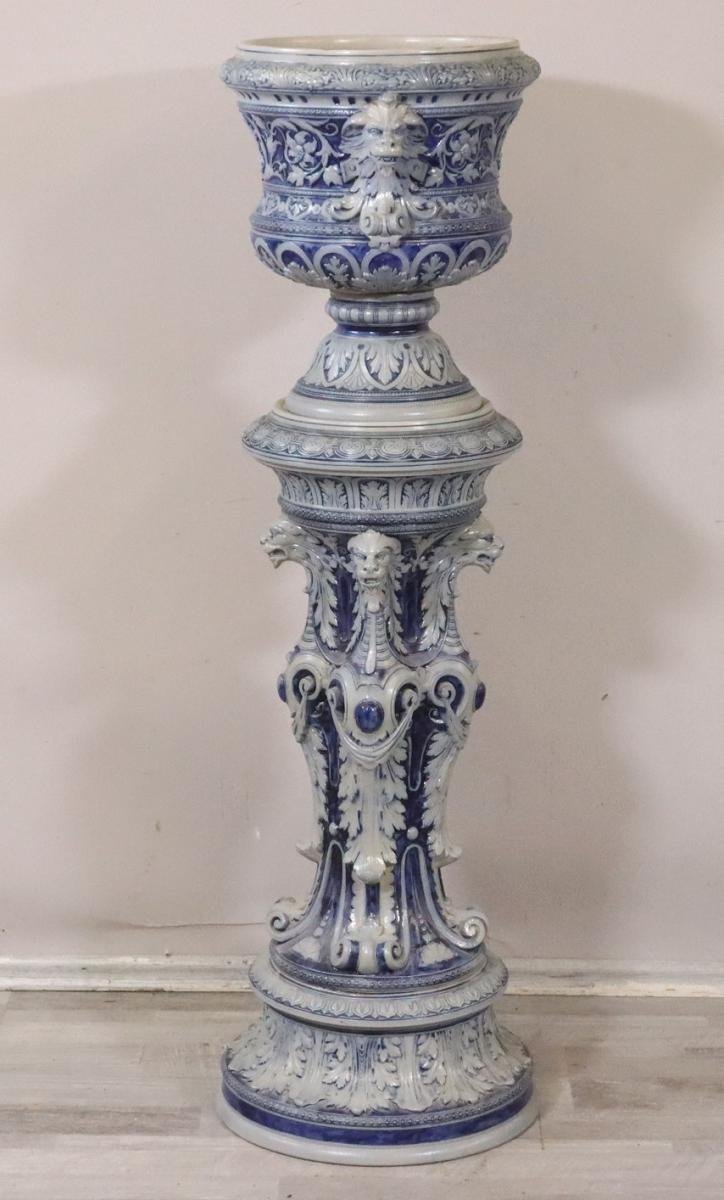 Cache-pot avec colonne de fleurs, grès, décor animalier, peinture bleue, fin du XIXe siècle.-photo-5