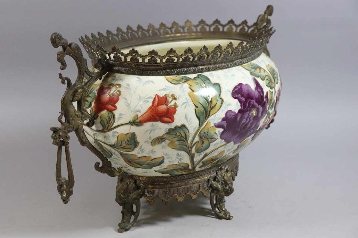 Jardinière en céramique de 52 cm, décorée d'une peinture florale dans un cadre en bronze, XIXe -photo-4