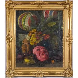 Nature Morte Aux Masques Et Aux Lanternes Peinture à l'Huile Signée Otto Keitel (1894-1965)