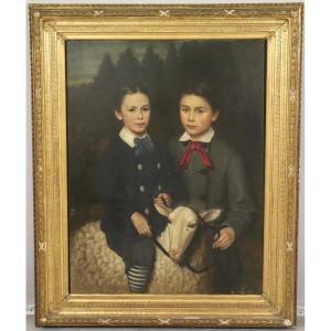 Portrait Of Two Siblings With Sheep 122x100cm Oil Painting Dated 1874