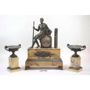 3 Piece Table Clock 56cm Marble Case Bronze Gigure Ulysses Circa 1830
