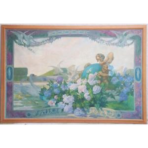 Scène de parc Art Nouveau 221x150cm peinture à l'huile signée Fernand HERTENBERGER (1882-1970)