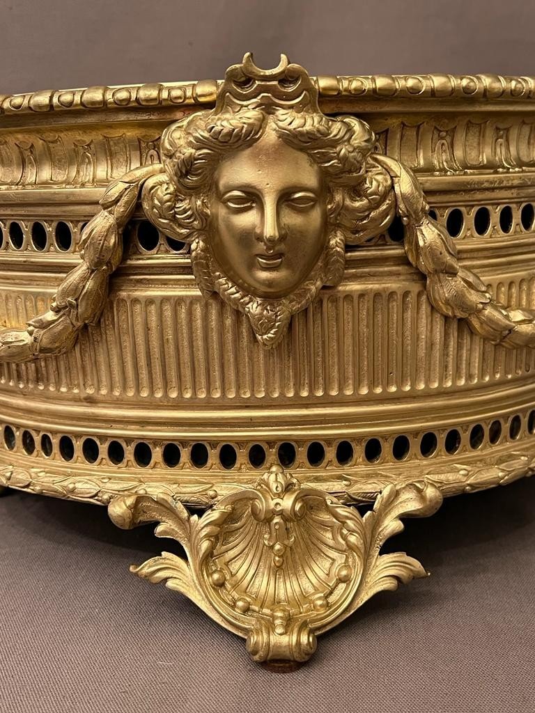 Importante Jardiniere De Table XIXème Bronze Doré Napoléon à Décor De Mascarons-photo-5