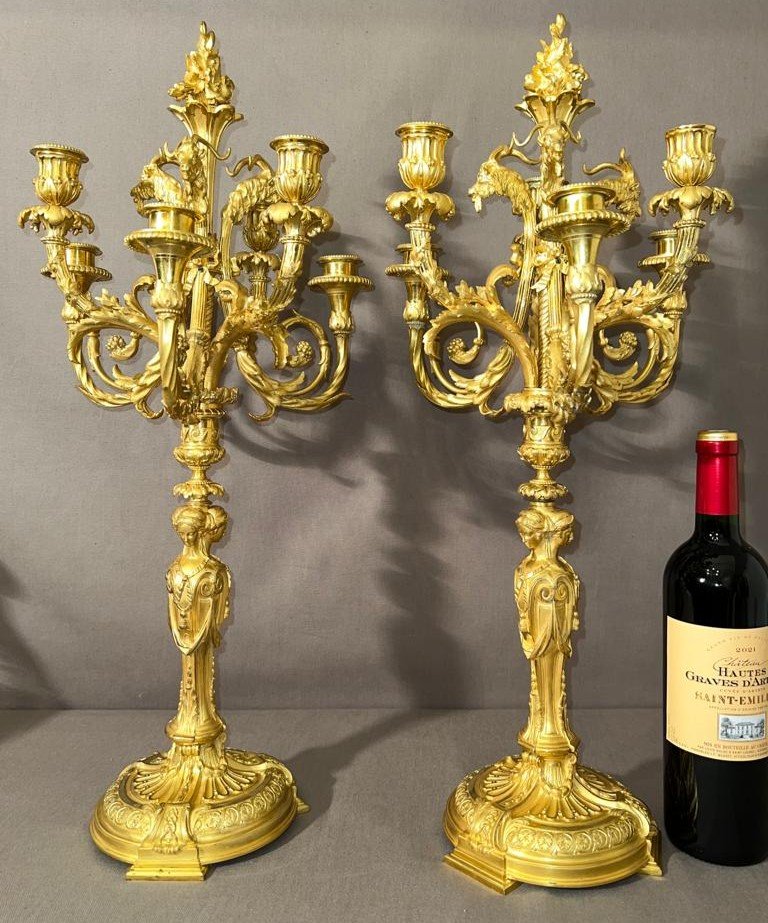 Pair Of Important Candelabras In Gilt Bronze Louis XVI Style From The Nineteenth Century Detailed After A-photo-2