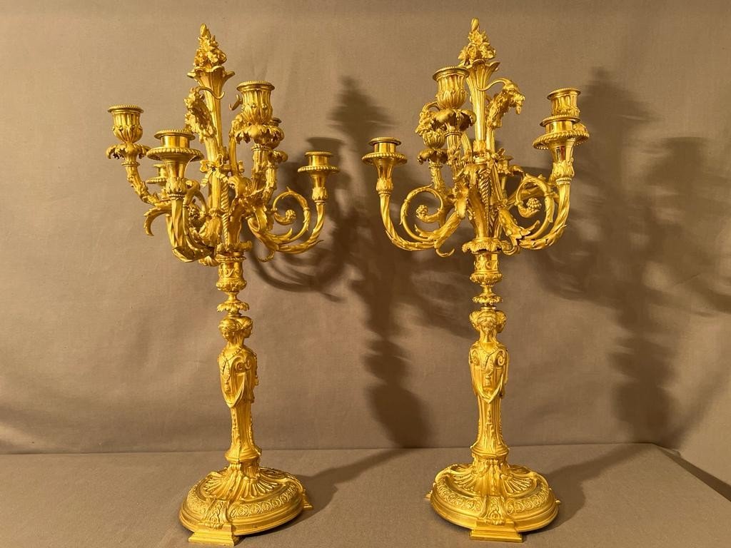 Pair Of Important Candelabras In Gilt Bronze Louis XVI Style From The Nineteenth Century Detailed After A-photo-3