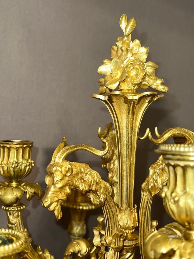 Pair Of Important Candelabras In Gilt Bronze Louis XVI Style From The Nineteenth Century Detailed After A-photo-8