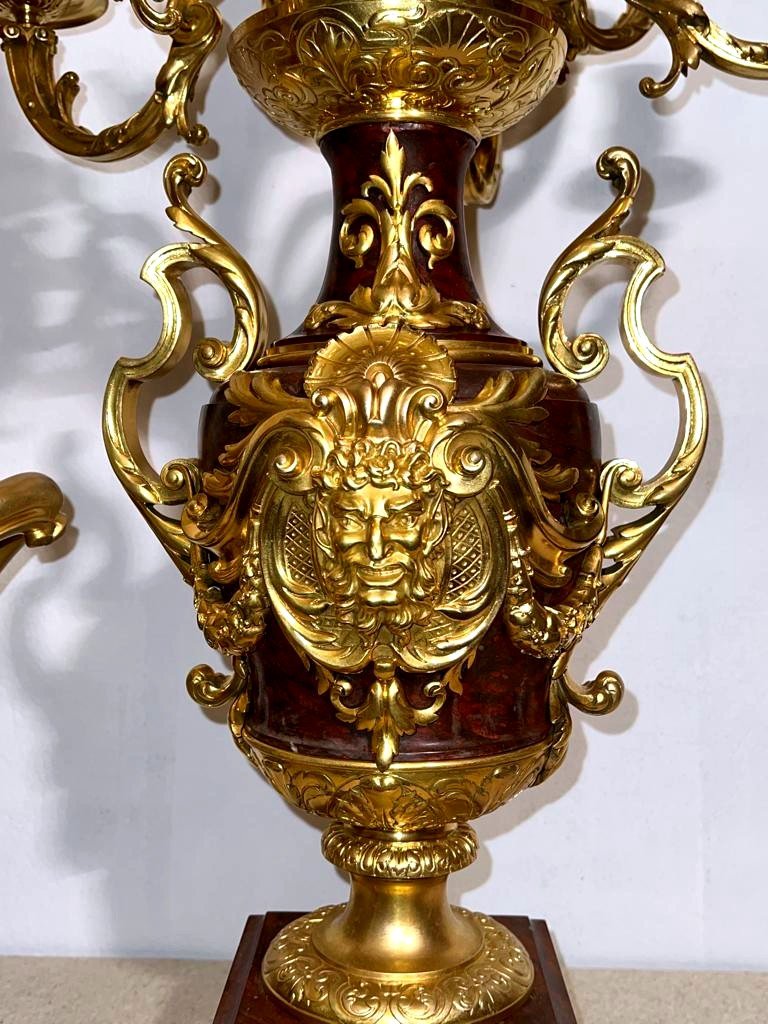 Très Importante Ensemble Marbre Griotte, Bronze Ciselé Et Or Moulu, Epoque Napoleon III -photo-4