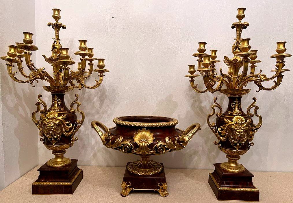 Très Importante Ensemble Marbre Griotte, Bronze Ciselé Et Or Moulu, Epoque Napoleon III -photo-1