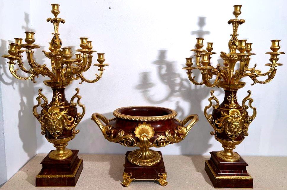 Très Importante Ensemble Marbre Griotte, Bronze Ciselé Et Or Moulu, Epoque Napoleon III 