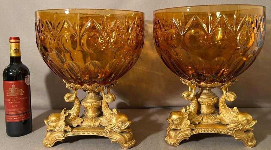 Pair Of Important Cups In Smoked Cut Bohemian Crystal And Gilt Bronze-photo-2