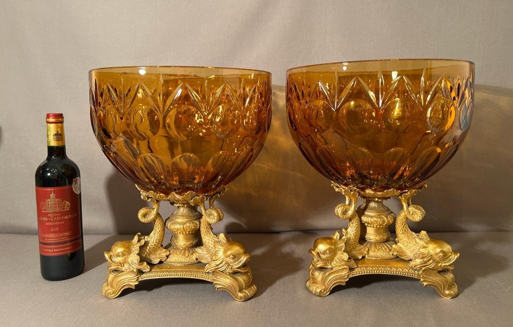 Pair Of Important Cups In Smoked Cut Bohemian Crystal And Gilt Bronze-photo-3