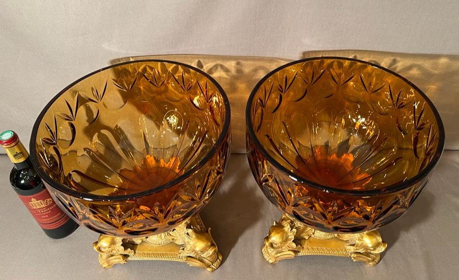 Pair Of Important Cups In Smoked Cut Bohemian Crystal And Gilt Bronze-photo-4
