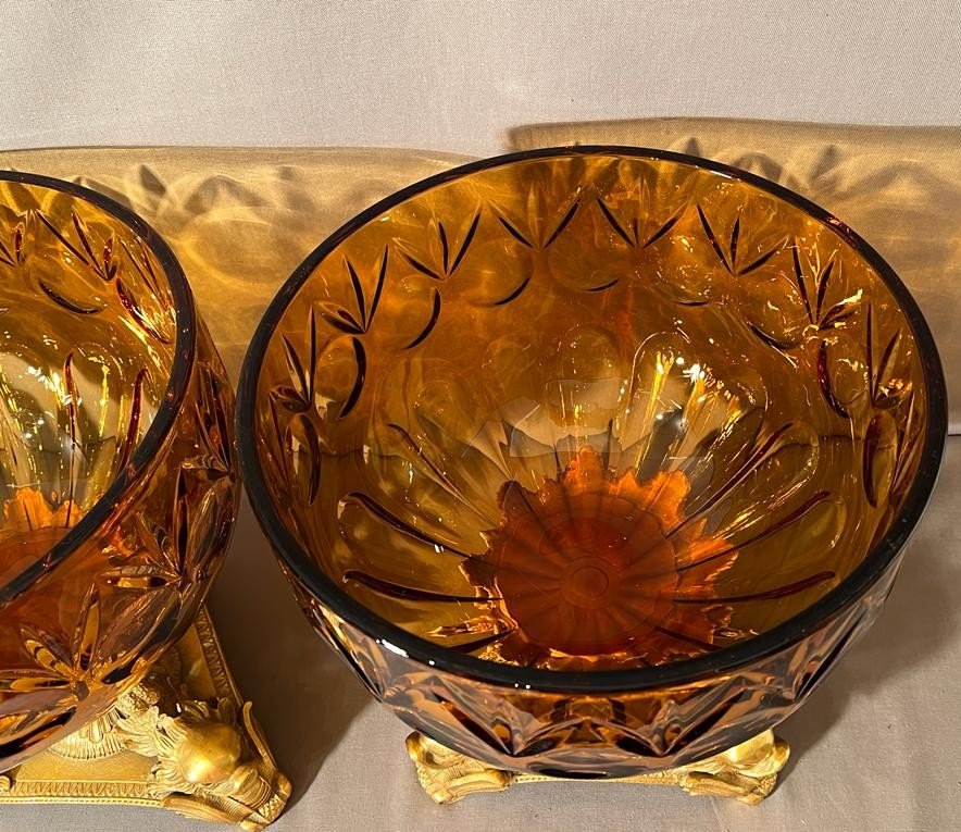 Pair Of Important Cups In Smoked Cut Bohemian Crystal And Gilt Bronze-photo-4