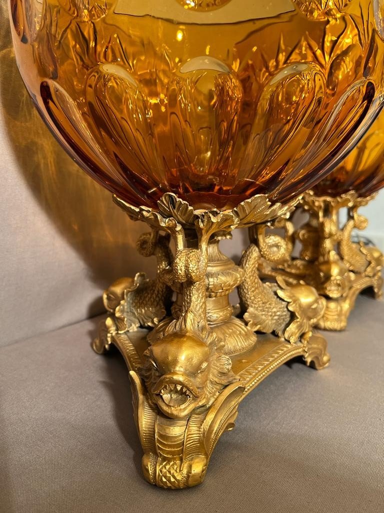Pair Of Important Cups In Smoked Cut Bohemian Crystal And Gilt Bronze-photo-5