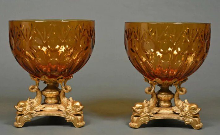 Pair Of Important Cups In Smoked Cut Bohemian Crystal And Gilt Bronze-photo-8