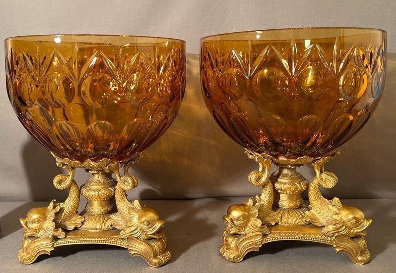 Pair Of Important Cups In Smoked Cut Bohemian Crystal And Gilt Bronze