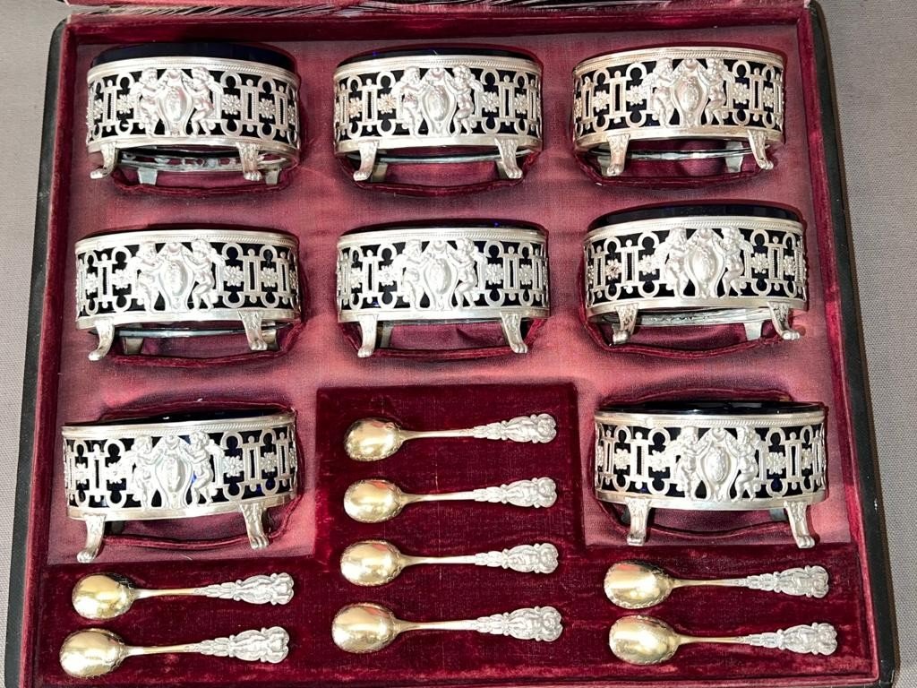 Box Of 8 Salt Shakers And Their Spoons, Sterling Silver XIXth Century-photo-2