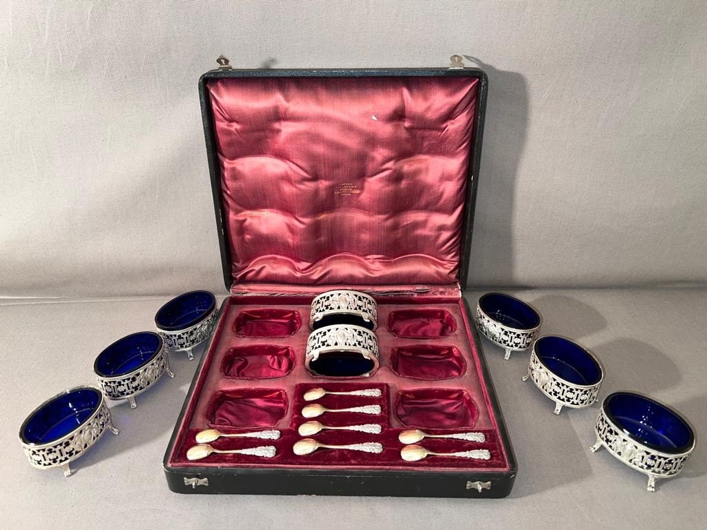 Box Of 8 Salt Shakers And Their Spoons, Sterling Silver XIXth Century-photo-4