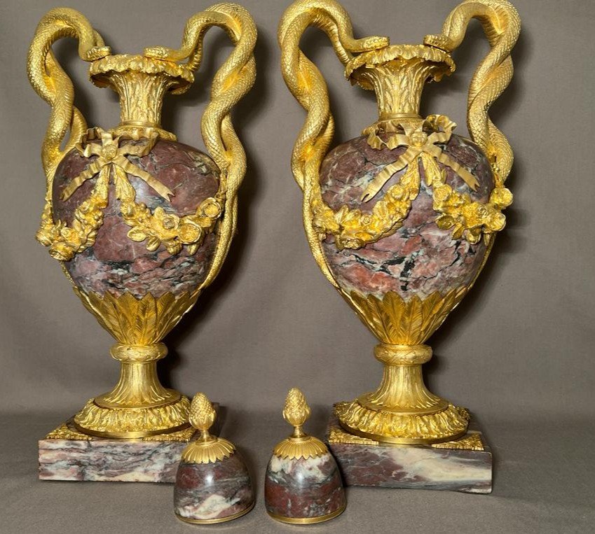 Paire Des Vases En Marbre Violet  Et Bronze Doré De Style Louis XVI Du 19ème Siècle -photo-2