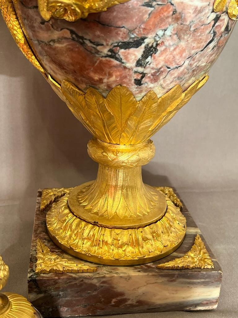 Paire Des Vases En Marbre Violet  Et Bronze Doré De Style Louis XVI Du 19ème Siècle -photo-4