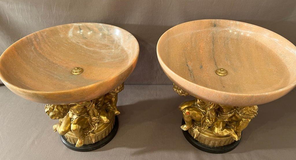 Pair Of Cups In Marble And Gilt Bronze After Clodion Nineteenth-photo-1