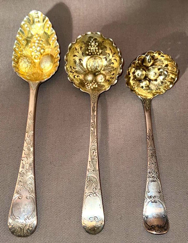 3 Different Spoons For Serving Dessert In Sterling Silver, English Early Nineteenth