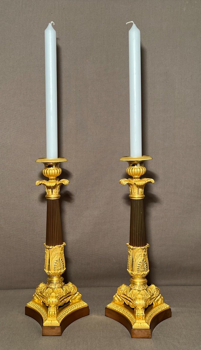 Pair Of Empire Candlesticks / Candlesticks Early 19th Century In Patinated Bronze And Gilt Bronze-photo-2