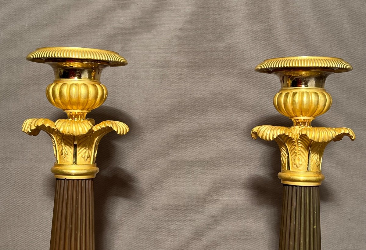 Pair Of Empire Candlesticks / Candlesticks Early 19th Century In Patinated Bronze And Gilt Bronze-photo-2