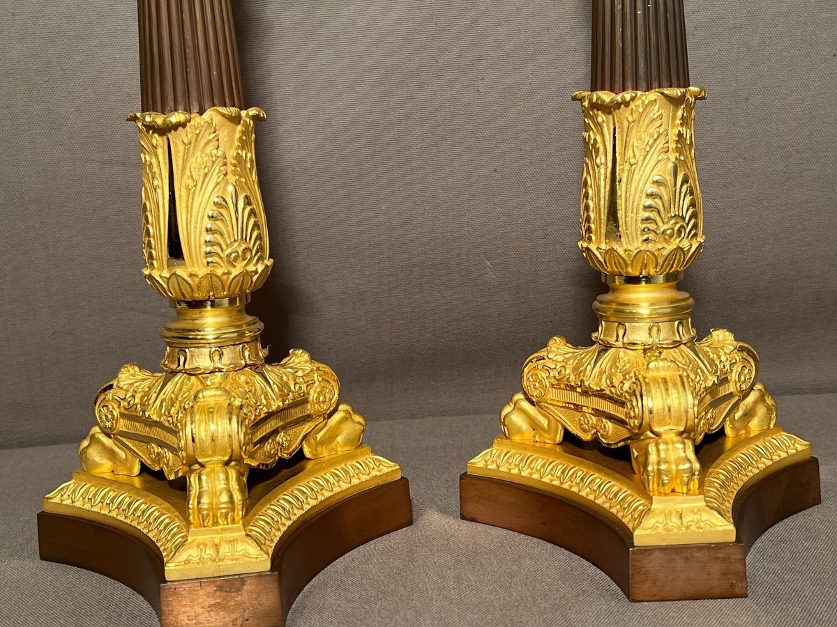 Pair Of Empire Candlesticks / Candlesticks Early 19th Century In Patinated Bronze And Gilt Bronze-photo-4