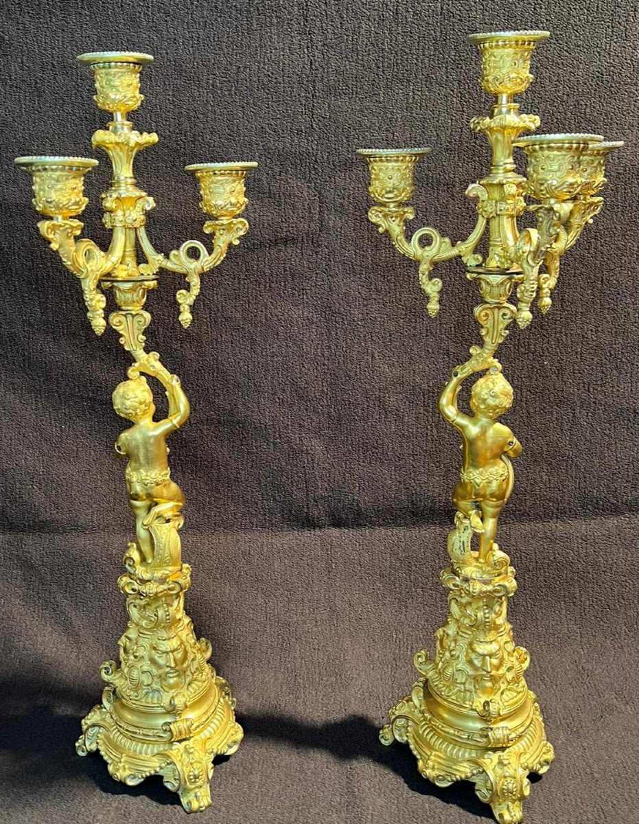 Pair Of Gilt Bronze Candelabra With Puttis, 19th Century-photo-4