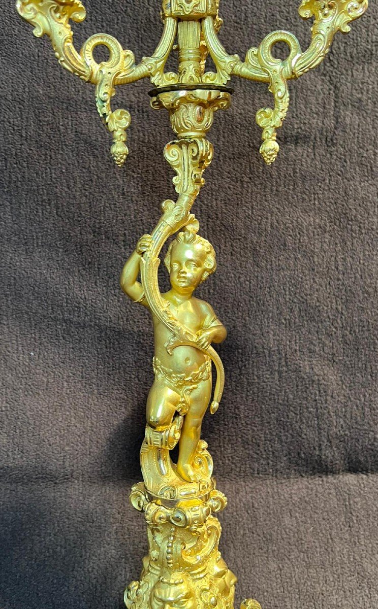 Pair Of Gilt Bronze Candelabra With Puttis, 19th Century-photo-2