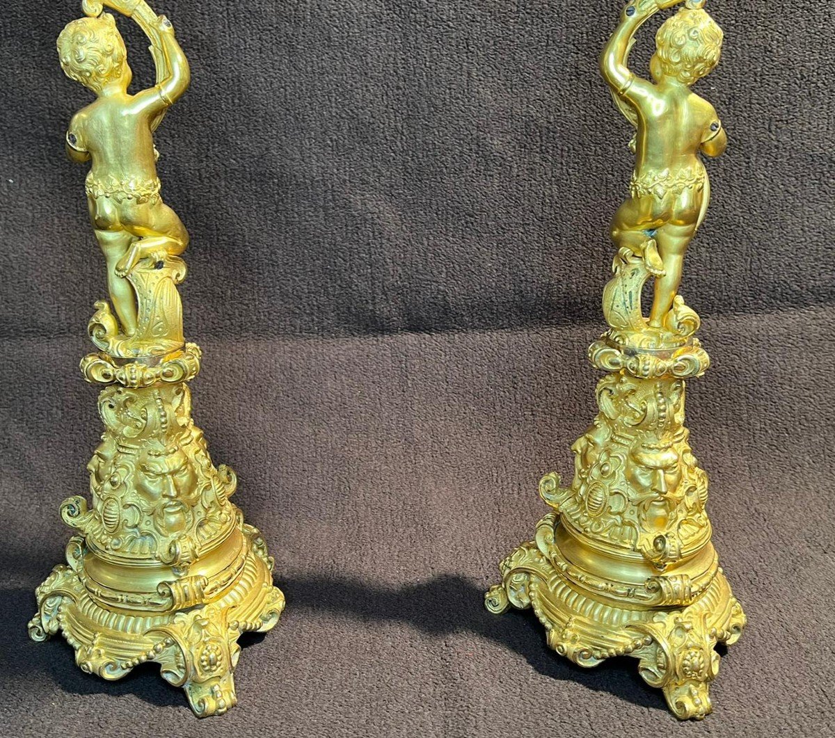 Pair Of Gilt Bronze Candelabra With Puttis, 19th Century-photo-6