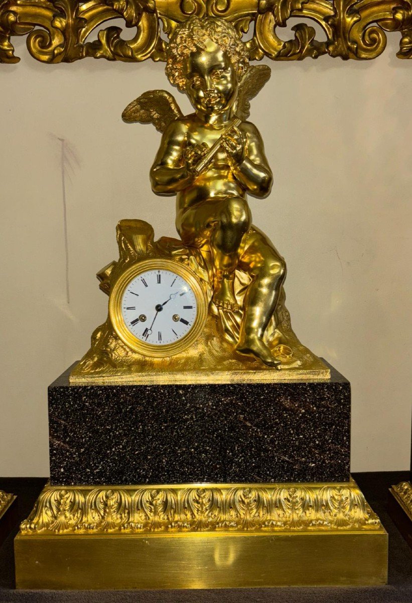 Gilt Bronze And Porphyry Trimming, Cupid Playing The Flute, From The 19th Century-photo-4