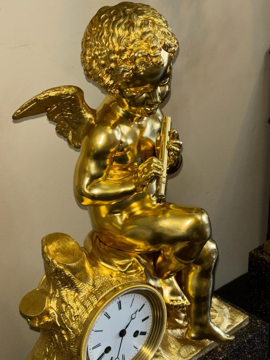Gilt Bronze And Porphyry Trimming, Cupid Playing The Flute, From The 19th Century-photo-1