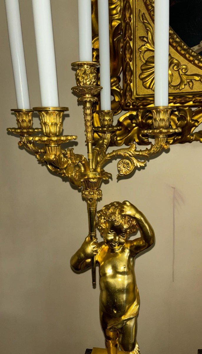 Gilt Bronze And Porphyry Trimming, Cupid Playing The Flute, From The 19th Century-photo-3