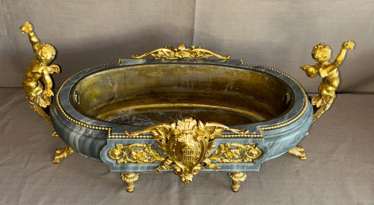 Jardinière En Marbre Bleu Turquin Et Bronze Doré d'époque Louis XVI Du XVIIIème Siècle.-photo-2