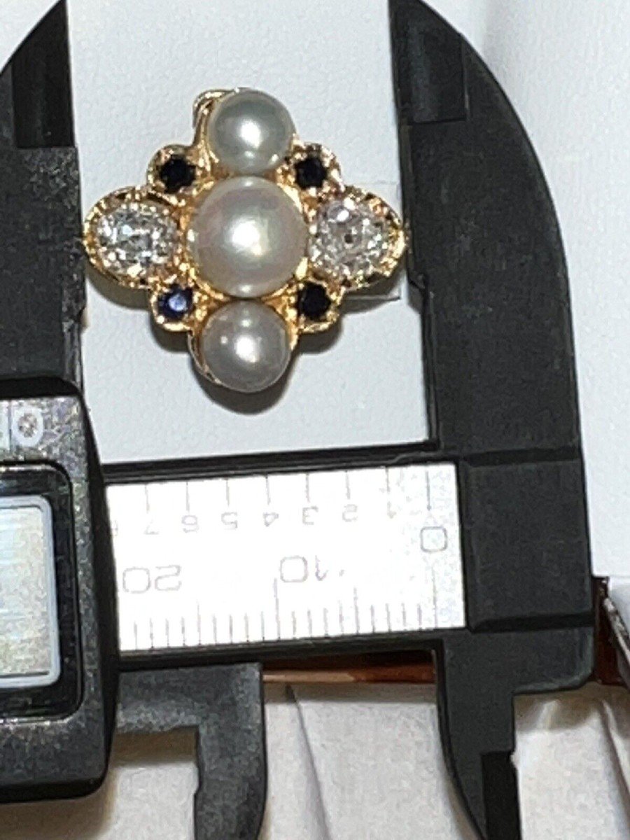 Bague En Or Jaune 18 Carats, Diamants, Perles, Sapphires.-photo-2