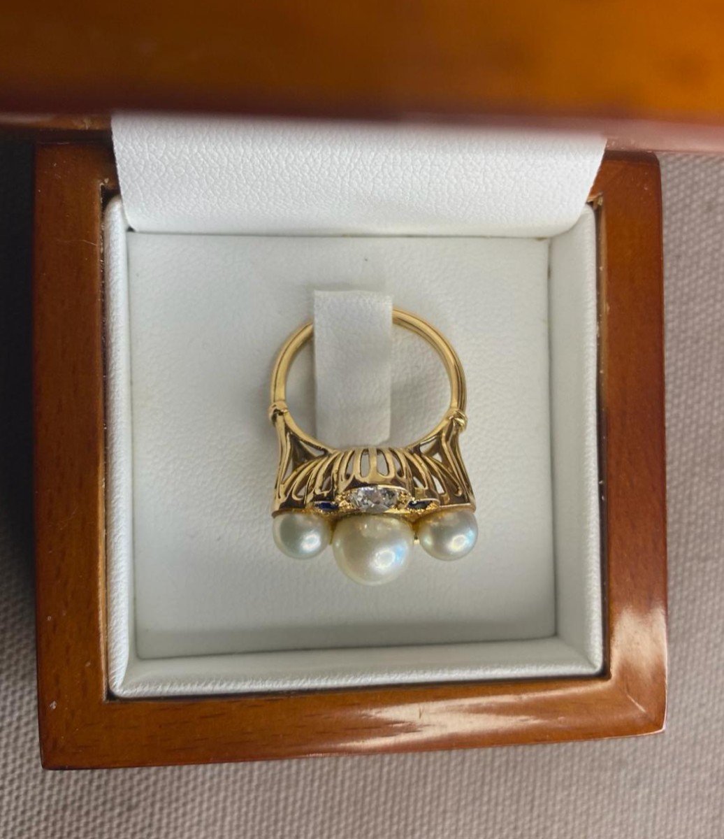 Ring In 18 Carat Yellow Gold, Diamonds, Pearls, Sapphires.-photo-4