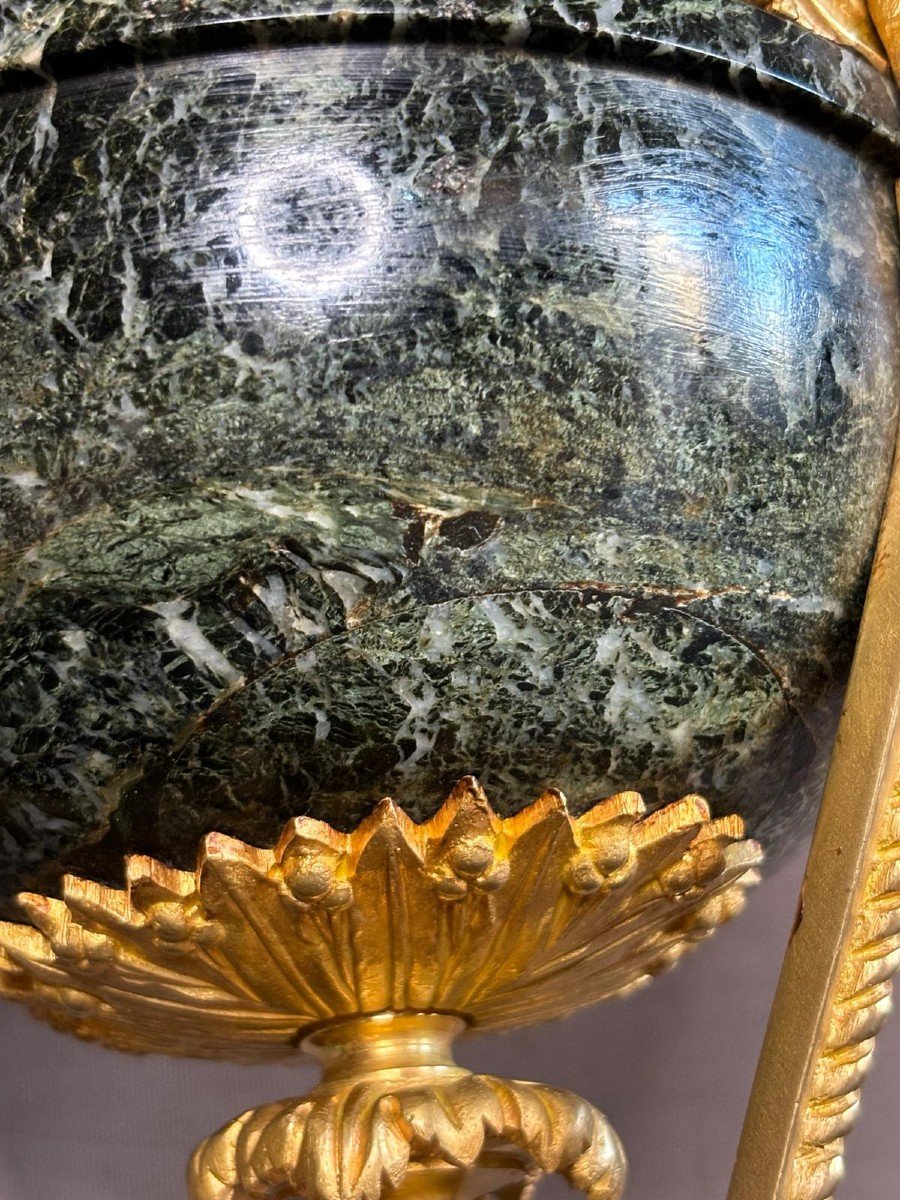 Paire De Cassolettes De Style Louis XVI En Bronze Doré Et Marbre Vert XIXème-photo-6