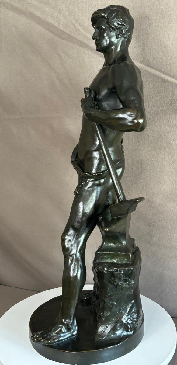 Bronze Statue Young Blacksmith, Georges Bareau (1866-1931) Founder "f. Barbedienne" Paris-photo-2