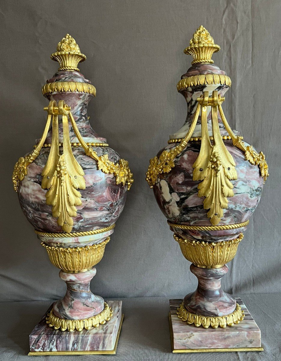 Pair Of Cassolettes In Violet Breche Marble And Gilt Bronze 19th Century-photo-3